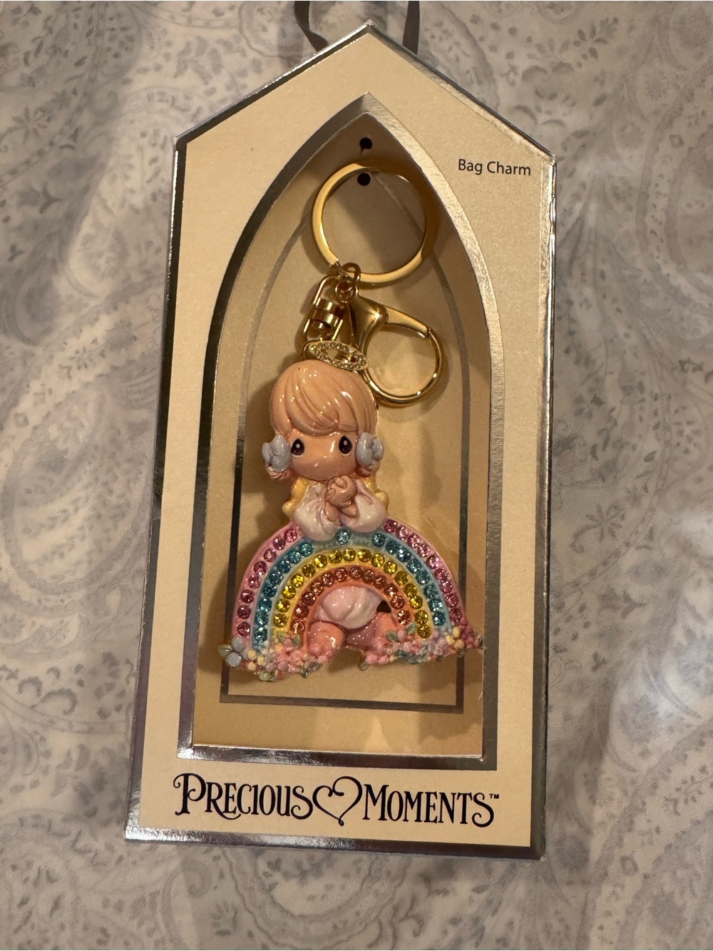 Precious Moments Gold Rainbow Bag Charm Key Ring with Girl Figure